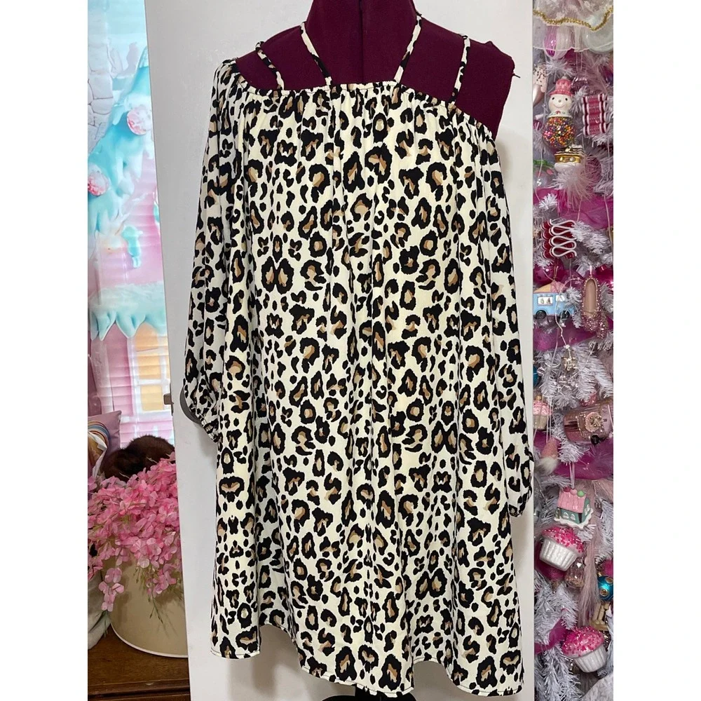 Entro Cold Shoulder Leopard Print Dress Women Large Tan Black Good Strappy Back